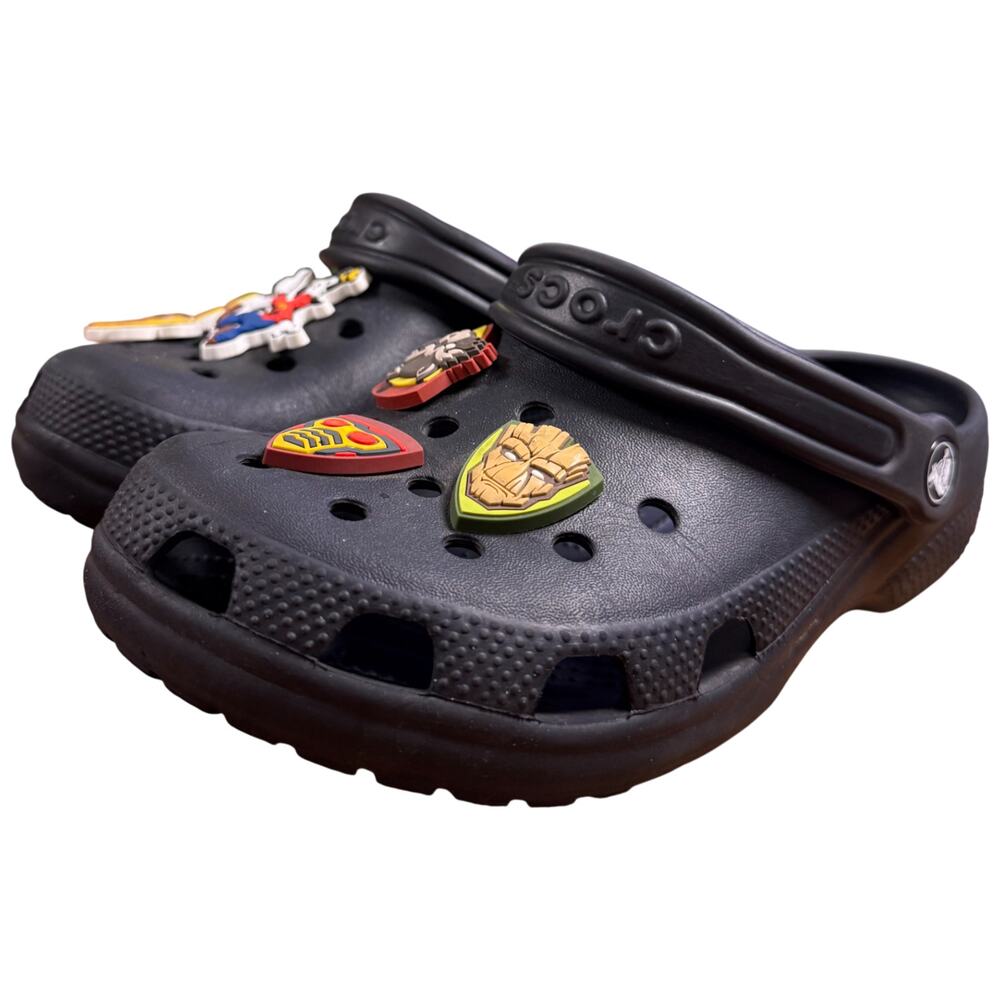 CROCS Size J5 Black Clogs Jibbitz Disney Mickey Goofy Marvel Guardian Galaxy - Picture 3 of 16